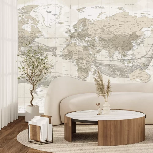 Papier peint  Baleines et carte du monde en style vintage