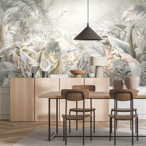 Papier peint  Fleurs exotiques et oiseaux dans la jungle tropicale aquarelle