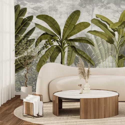 Papier peint  Plantes tropicales vertes sur fond en nuances de gris