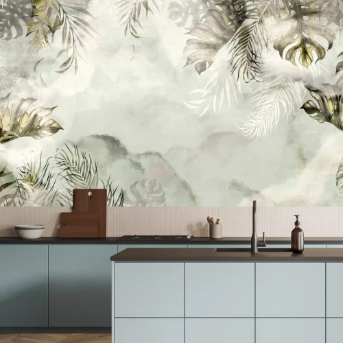 Papier peint  Motif aquarelle de feuilles tropicales sur fond vert