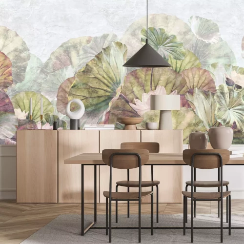 Papier peint  Motif botanique avec nénuphars et feuilles vertes