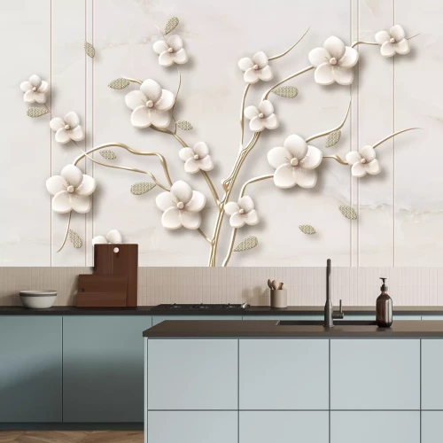 Papier peint  Arbre 3D avec des fleurs blanches sur fond en marbre