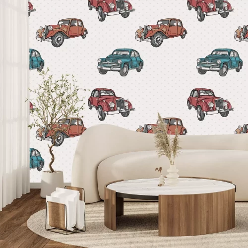 Papier peint  Voitures rétro sur fond à pois