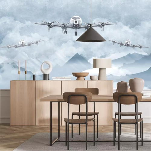 Papier peint  Avions et paysage de montagne dans des tons de bleu