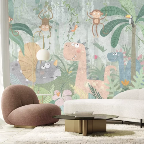 Papier peint  Jungle tropicale avec des dinosaures et des singes joyeux