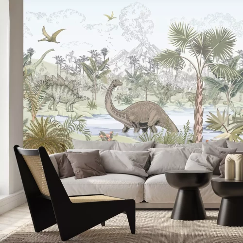 Papier peint  Paysage en aquarelle avec des dinosaures dans la jungle tropicale