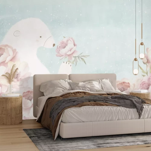 Papier peint  Ourson et fleurs roses sur fond bleu en aquarelle