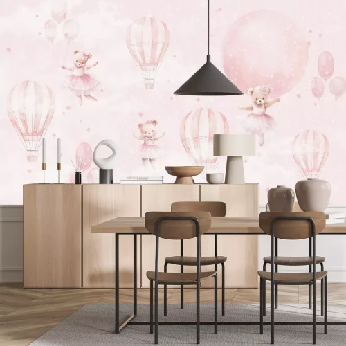 Papier peint  Adorables oursons avec des ballons dans un ciel rose pastel
