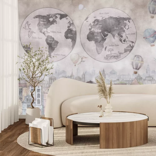 Papier peint  Carte du monde et ballons colorés au-dessus d’une ville aquarelle