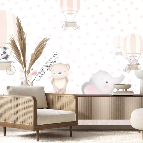 Papier peint  Motif enfantin avec ballons fleurs roses et petits animaux