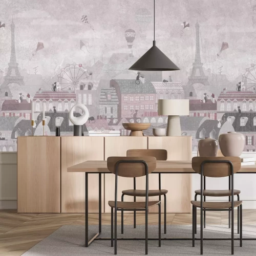 Papier peint  Petite ville féerique avec chatons, ballons et cerfs-volants dans le ciel