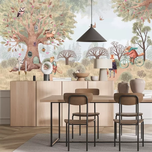 Papier peint  Forêt pittoresque avec plantes et animaux en style aquarelle