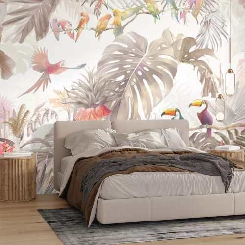 Papier peint  Jungle tropicale avec oiseaux colorés et végétation luxuriante