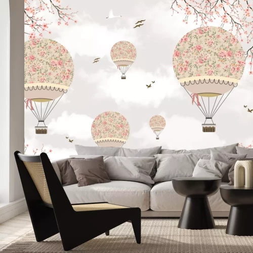 Papier peint  Ballons parmi les fleurs de sakura et les branches délicates