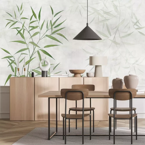 Papier peint  Motif délicat avec bambou vert sur fond gris