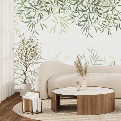 Papier peint  Pousses de bambou vertes sur fond clair