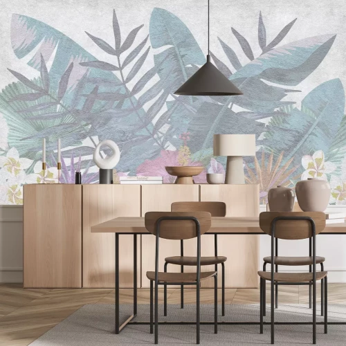 Papier peint  Fleurs et feuilles en couleurs délicates sur fond texturé