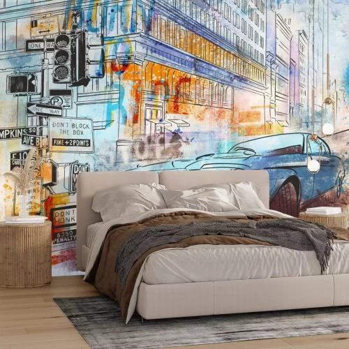 Papier peint  Voiture en ville peinture à l'aquarelle illustration jeunesse