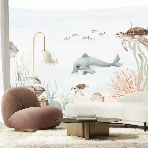 Papier peint  Monde sous-marin aquarelle avec poissons et trésor de pirates