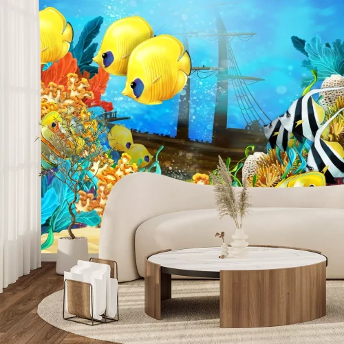 Papier peint  Récif corallien avec du poisson et une épave d'un navire sous-marin paysage
