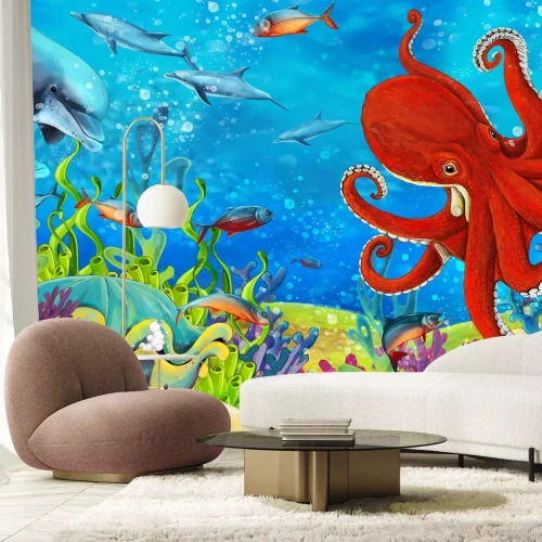 Papier peint  Récif corallien coloré avec poissons dauphins et pieuvre monde marin