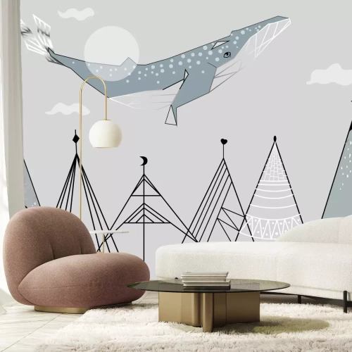 Papier peint  Paysage abstrait avec montagnes et baleine motif féerique pour enfants