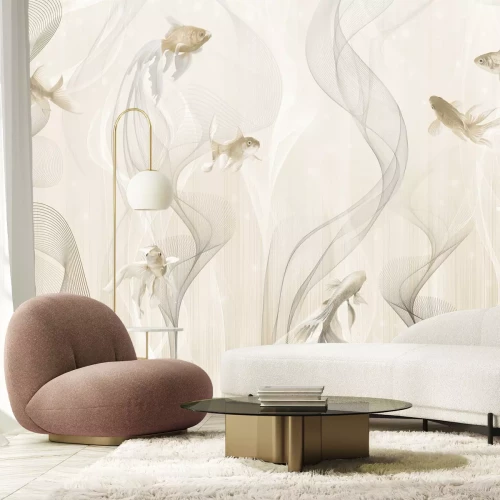 Papier peint  Motif moderne poissons et lignes sur fond beige dans un style minimaliste