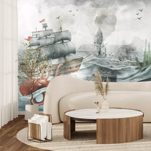 Papier peint  Monde sous-marin avec pieuvre bateau et poissons motif féerique