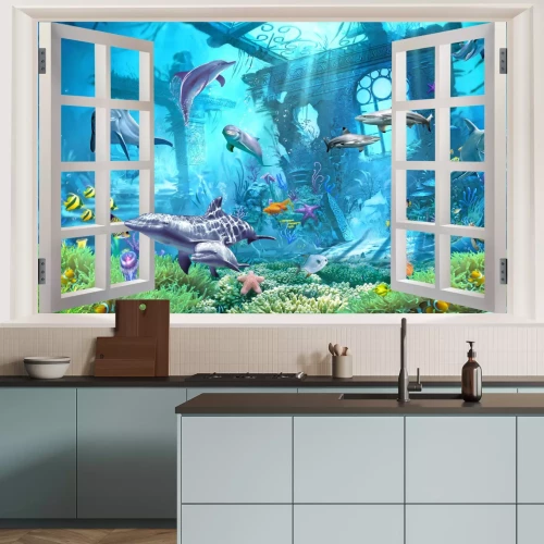 Papier peint  Fenêtre avec vue sur poissons et plantes dans un paysage sous-marin