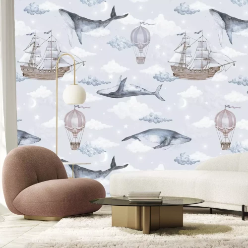 Papier peint  Thème aquarelle avec baleines bateaux et ballons sur fond de ciel