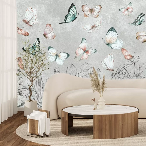 Papier peint  Motif botanique avec papillons mites et plantes sur fond gris