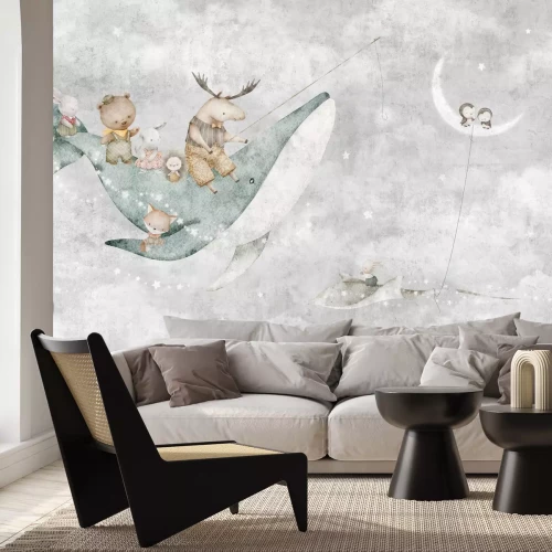 Papier peint  Ciel avec baleine lune et animaux motif enfantin féerique