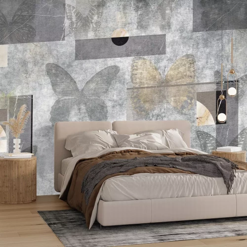 Papier peint  Papillons et formes géométriques sur fond béton motif abstrait