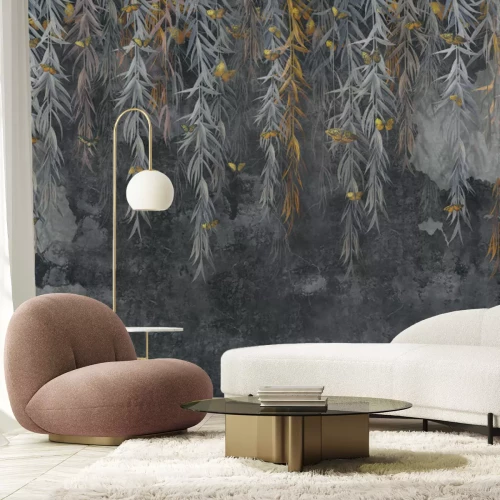 Papier peint  Papillons et vignes suspendues sur fond de béton brut motif moderne