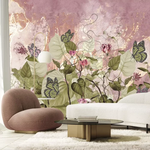 Papier peint  Fleurs feuilles et papillons sur fond béton motif inspiré par la nature