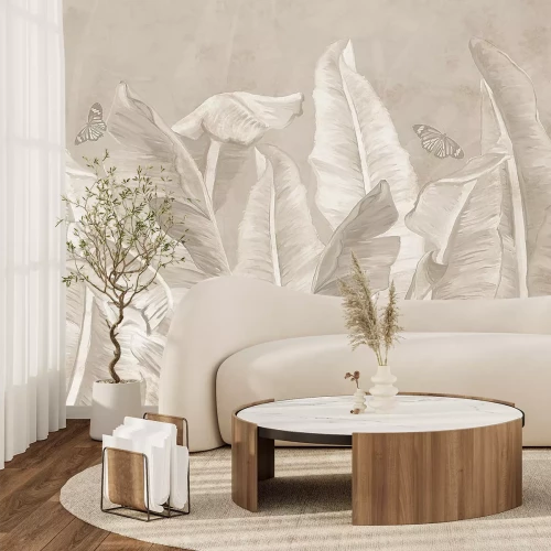 Papier peint  Feuilles de bananier tropicales et papillons sur fond texturé en couleurs monochromatiques