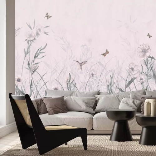 Papier peint  Prairie fleurie avec colibris et papillons motif aquarelle