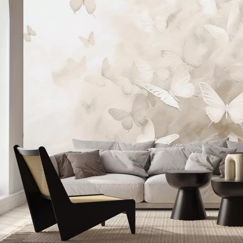 Papier peint  Motif monochromatique avec des papillons dans des tons de blanc et beige abstraction minimaliste