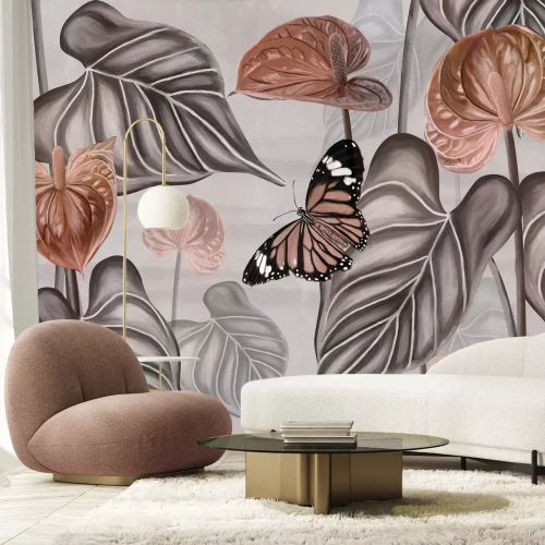 Papier peint  Papillons parmi des plantes exotiques et de grandes feuilles sur fond gris motif botanique