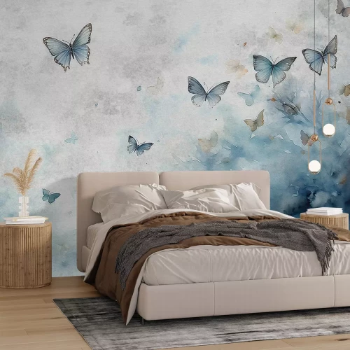 Papier peint  Motif avec des papillons sur fond aquarelle dans des tons de gris et de bleu