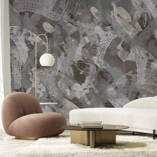 Papier peint  Motif abstrait avec des papillons dans des tons de gris et de brun motif moderne