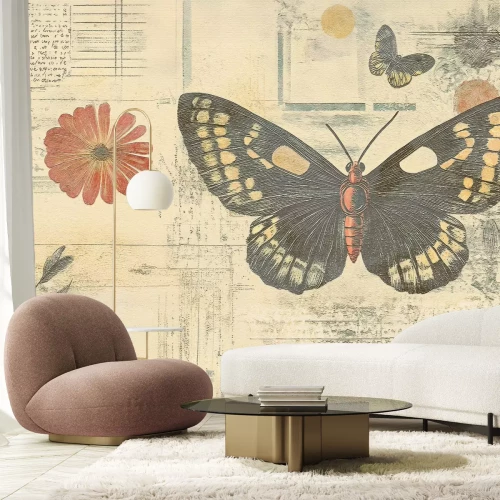 Papier peint  Papillons fleurs et feuilles motif botanique de style rétro vintage