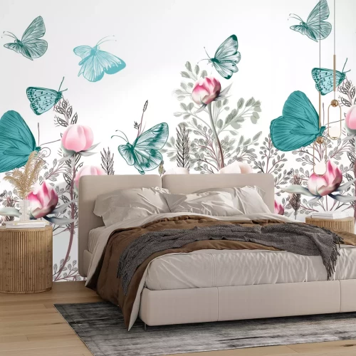 Papier peint  Papillons bleus et verts au-dessus d’une prairie fleurie fleurs 3D sur fond blanc