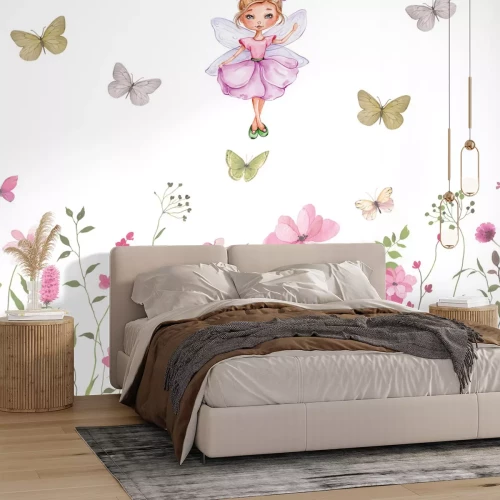 Papier peint  Fée et papillons sur la prairie florale, modèle de conte de fée pour enfants