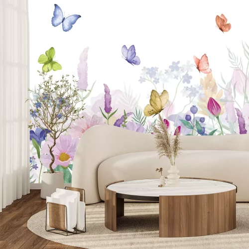Papier peint  Prairie fleurie colorée et papillons colorés sur fond blanc motif naturel