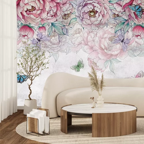 Papier peint  Fleurs de pivoines avec papillons et feuilles en style aquarelle sur fond gris clair