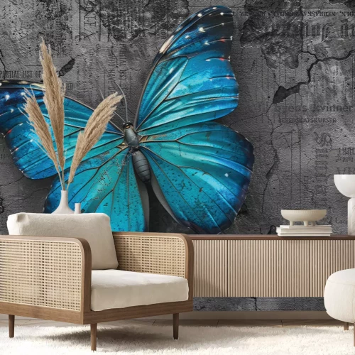 Papier peint  Papillon bleu avec effet 3D sur fond en béton avec texture prononcée