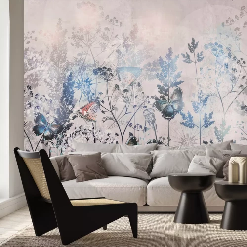 Papier peint  Prairie fleurie avec papillons, illustration de paysage dans un style naturel