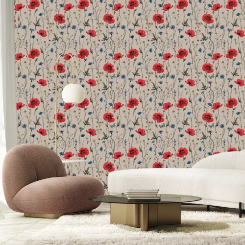 Papier peint  Fleurs des champs, coquelicots, bleuets et papillons bleus, motif botanique naturel