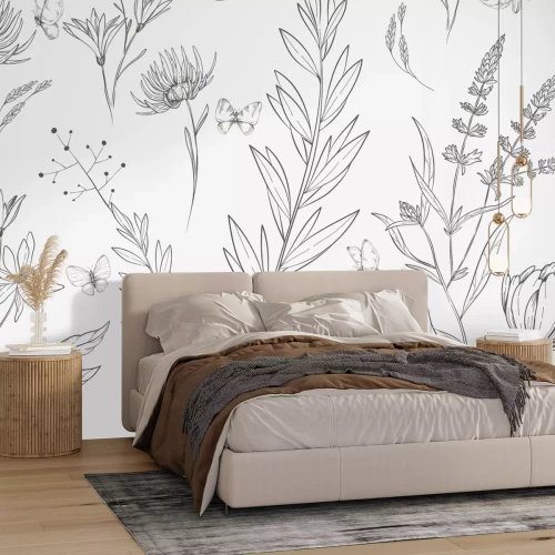 Papier peint  Papillons et plantes sauvages en style minimaliste, motif naturel